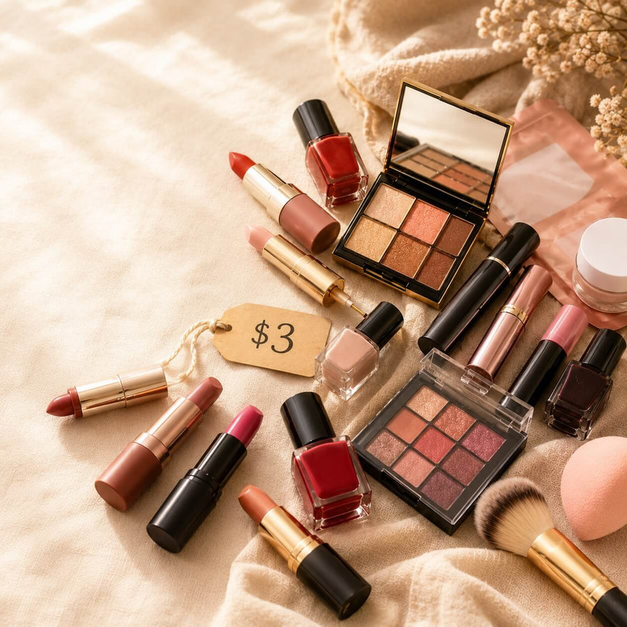 beauty products spread across a soft cream linen backdrop
