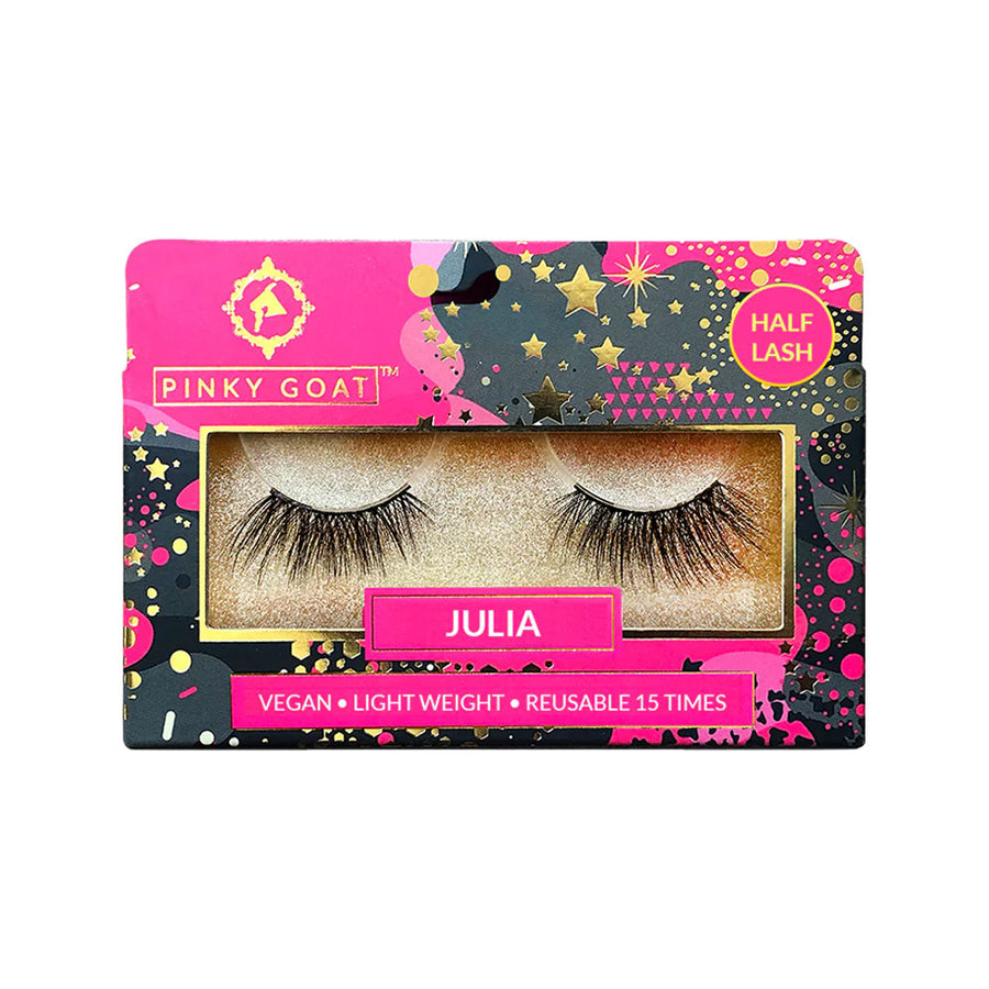 Pinky Goat eyelash packaging with 'Julia' labeled false eyelashes on a colorful background