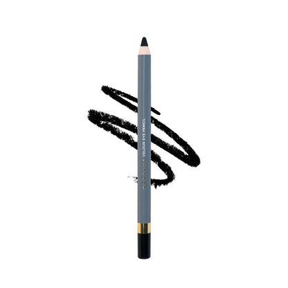 Eyebrow pencil with black tip and gray body on a white background
