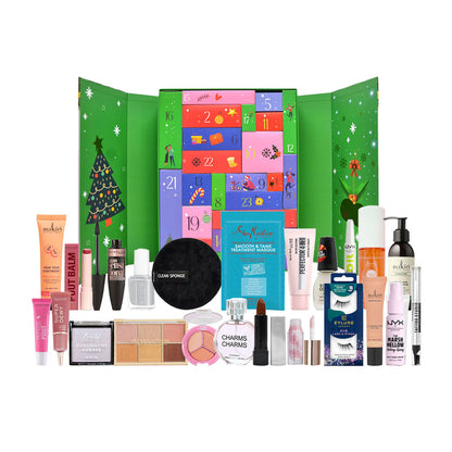 Makeup advent calendar with various cosmetic products displayed in front