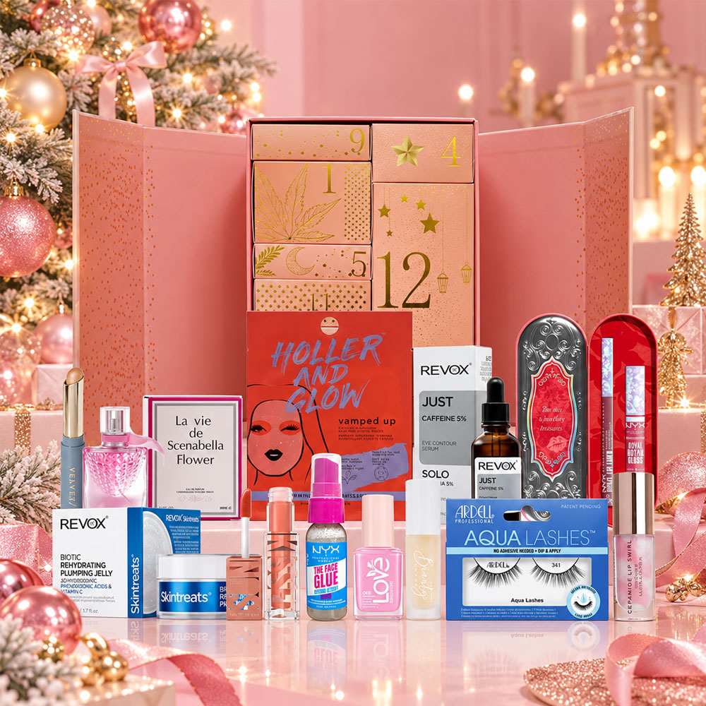 12 Days of Christmas Cheer beauty advent calendar products from Revox, Maybelline, Essie and NYX