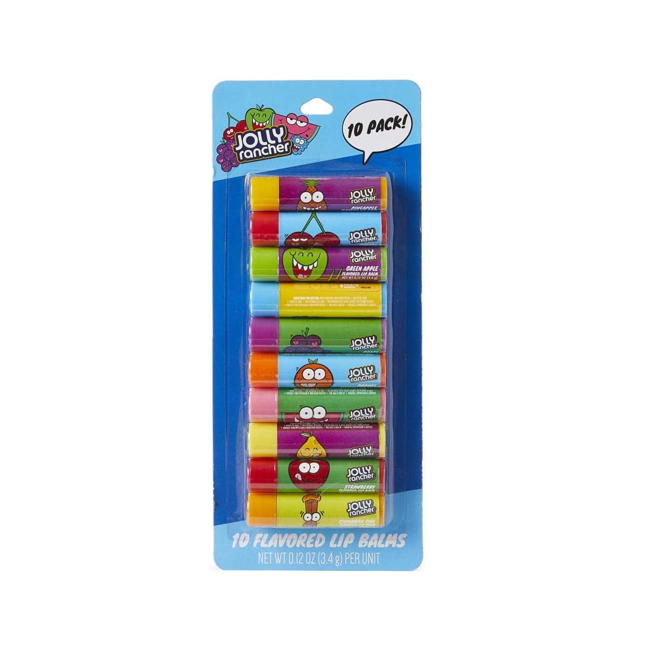 A pack of Jolly Rancher flavored lip balms with 10 individual sticks, each a different color corresponding to a different flavor.