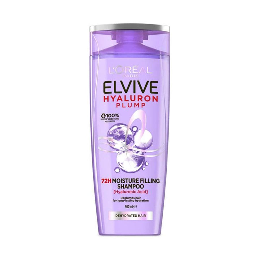 A bottle of L'Oreal Elvive Hyaluron Plump Shampoo, 300ml, with purple and white branding.
