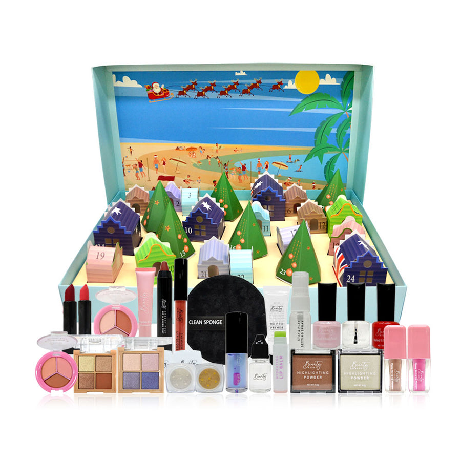 Makeup advent calendar with beach scene and various cosmetic products displayed.