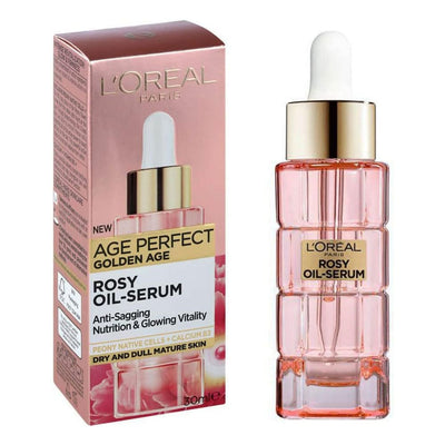 L'Oreal Age Perfect Golden Age Rosy Oil Serum packaging and bottle, with pink and golden color scheme.