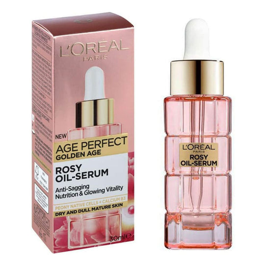L'Oreal Age Perfect Golden Age Rosy Oil Serum packaging and bottle, with pink and golden color scheme.