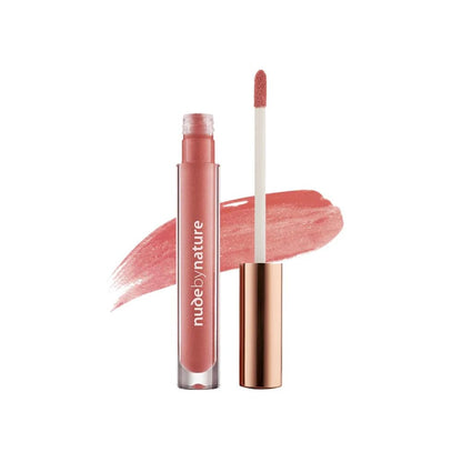 Lip gloss with applicator and swatch on a white background, branded 'nude by nature'.