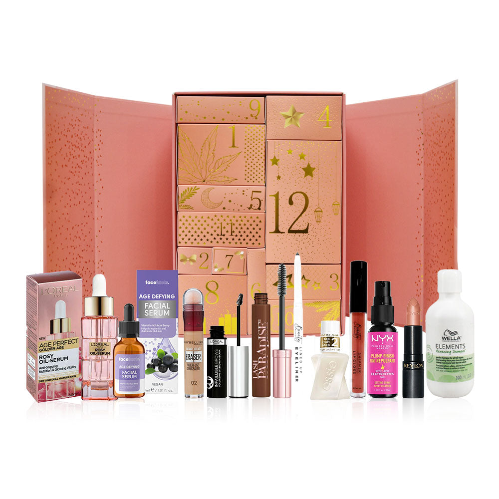 Makeup advent calendar with various cosmetic products displayed in front