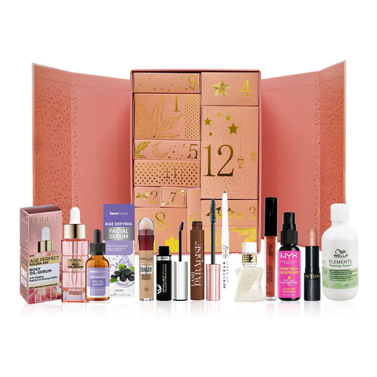Makeup advent calendar with various cosmetic products displayed in front