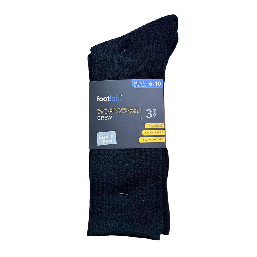 Footlab Black Workwear Crew Socks Mens Size 6-10 3pk