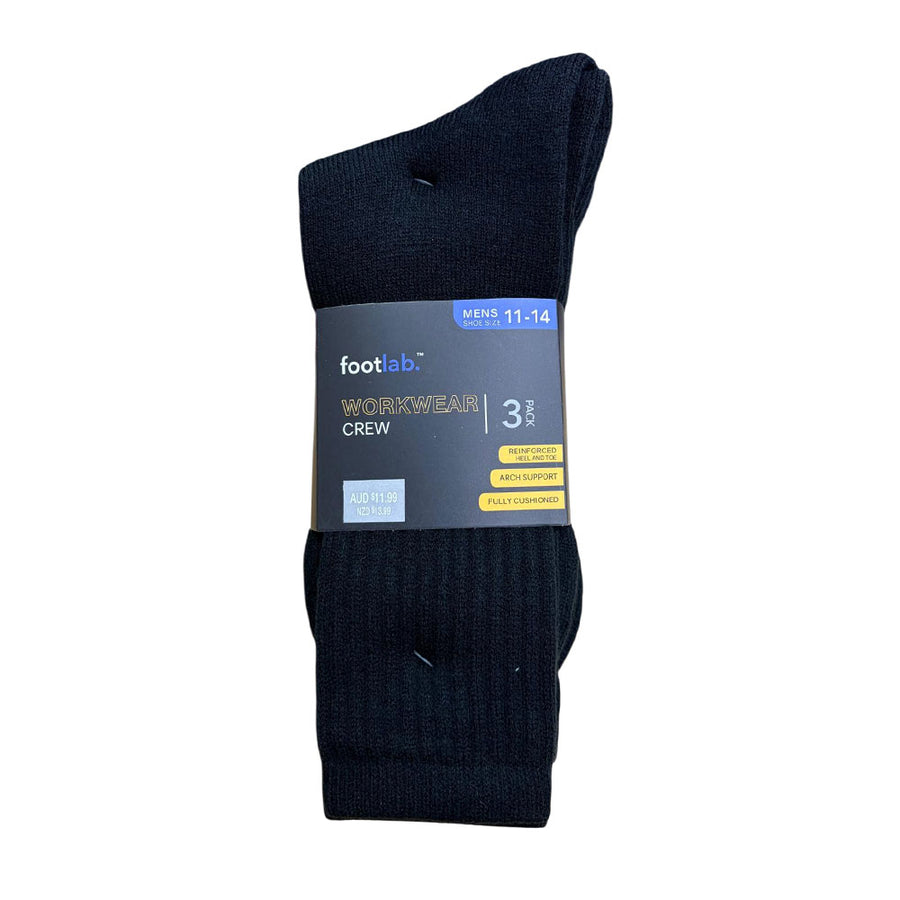 Footlab Black Workwear Crew Socks Mens Size 11-14 3pk