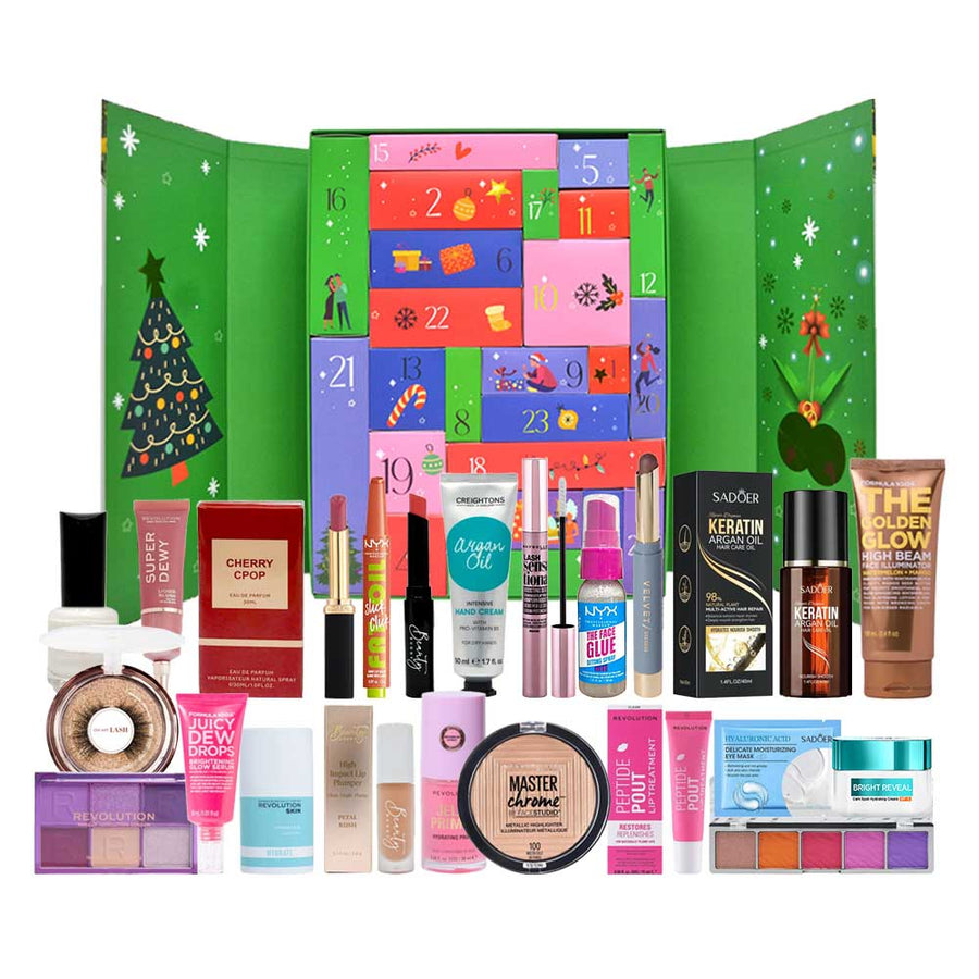Cosmetic Capital Luxury Beauty Advent Calendar 2026 V2 with the 24 beauty products arranged in front