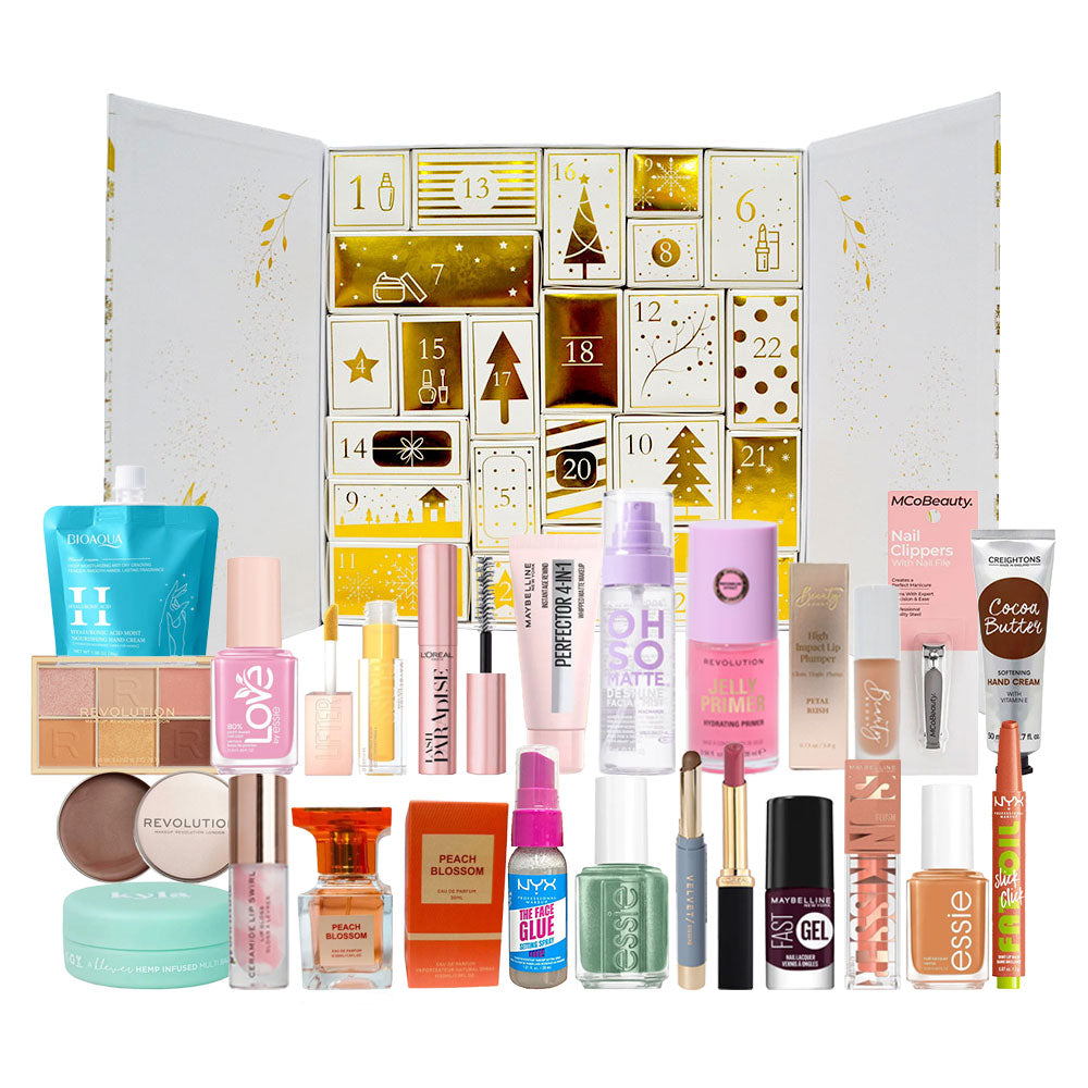 Cosmetic Capital 24 Days of Fun Beauty Advent Calendar 2026 V2 white and gold calendar with beauty products