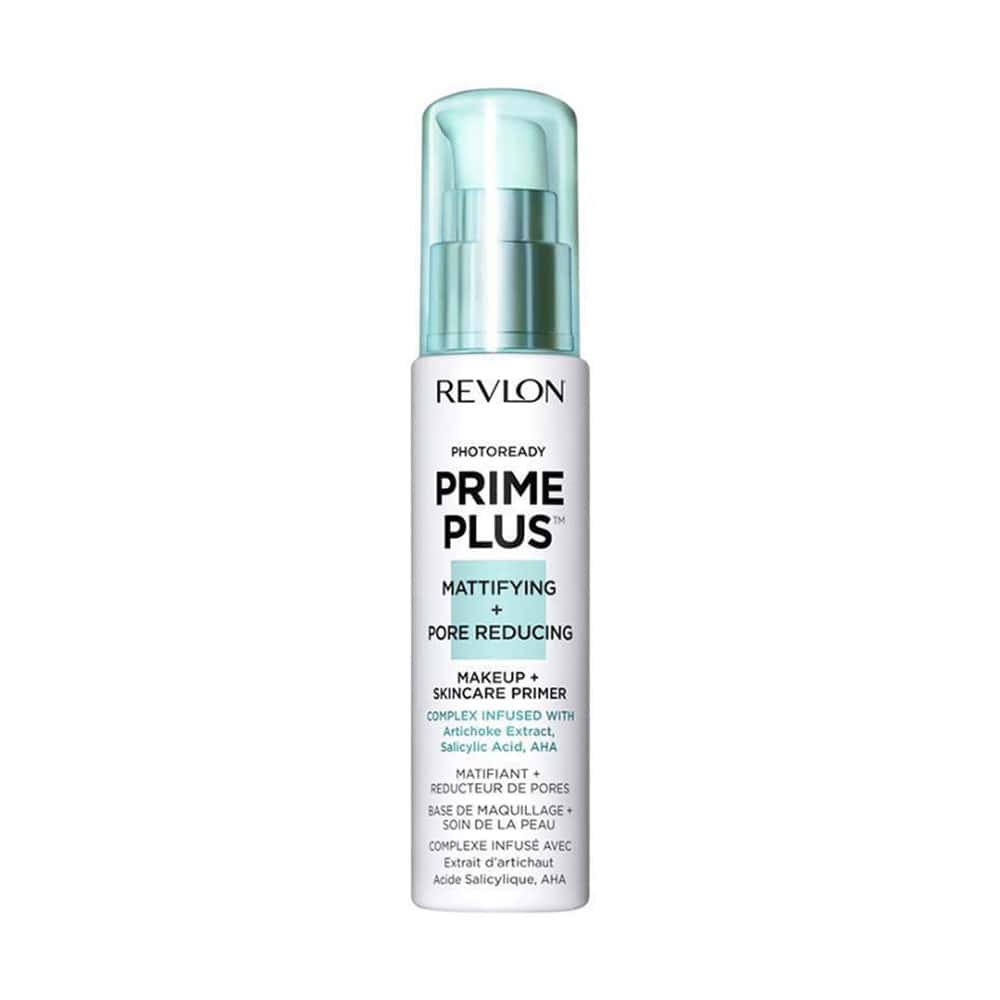 A bottle of Revlon PhotoReady Prime Plus Mattifying Pore Reducing Primer, with a white and green label