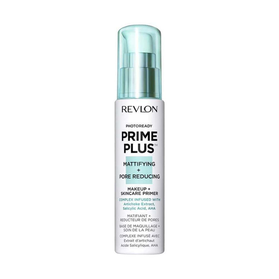 A bottle of Revlon PhotoReady Prime Plus Mattifying Pore Reducing Primer, with a white and green label