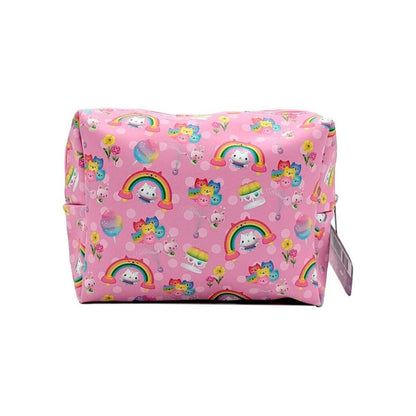Pink pouch with cartoon character and rainbow pattern on a white background