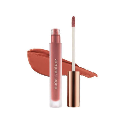 Lipstick with applicator and swatch on a white background, featuring the brand 'nude by nature'.