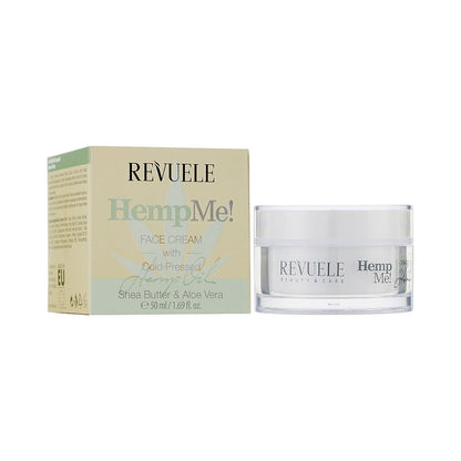 Revuele Hemp Me face cream jar and box on a white background