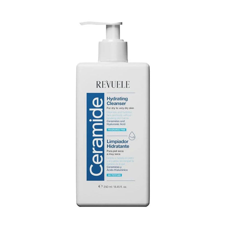 A pump bottle of Revuele Ceramide Hydrating Cleanser with product information on the label.