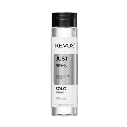 A bottle of Revox B77 Just Retinol Rejuvenating Toner with a black cap and a label