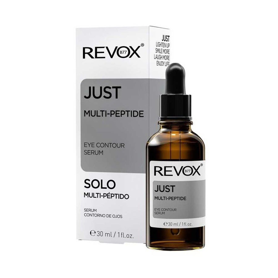 REVOX JUST Multi-Peptide Eye Contour Serum in a 30 ml amber glass dropper bottle, shown next to its white and gray retail box.