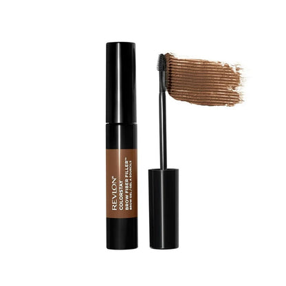 A container of Revlon ColorStay Brow Fiber Filler Brow Gel with a brush displaying the product in warm brown color.