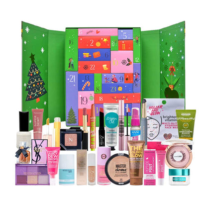 A large collection of beauty products arranged in front of a green Christmas advent calendar