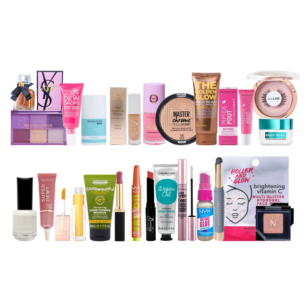 A collection of various cosmetic products arranged in two rows 