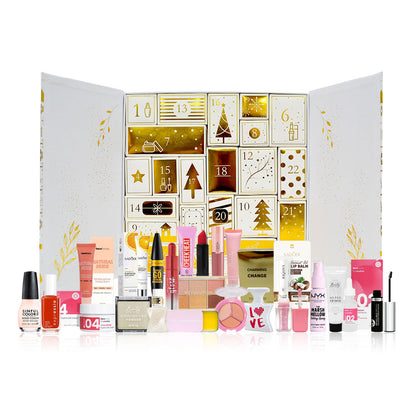 Cosmetic advent calendar with various products displayed against a white background