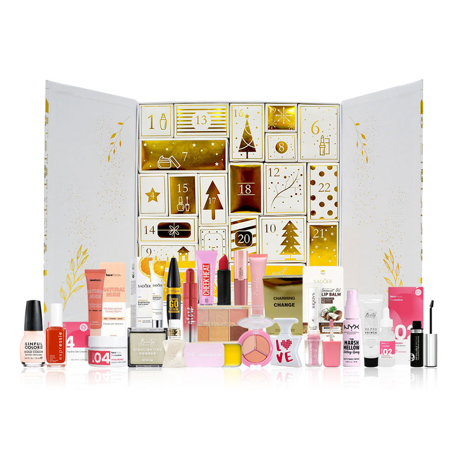Cosmetic advent calendar with various products displayed against a white background