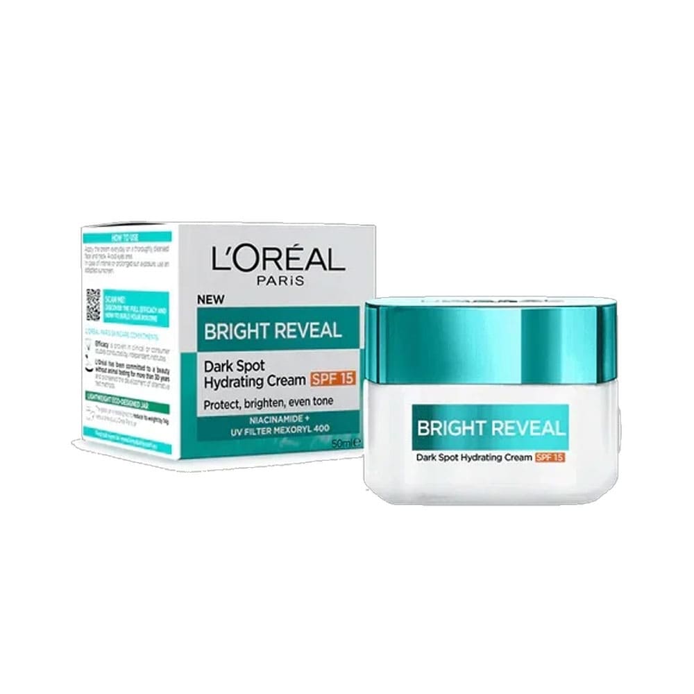 L'Oreal Paris Bright Reveal Dark Spot Hydrating Cream packaging on a white background
