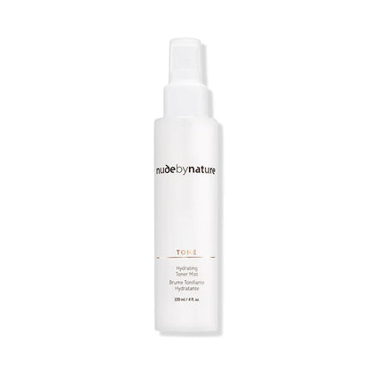 Skincare bottle labeled 'nude by nature' on a white background