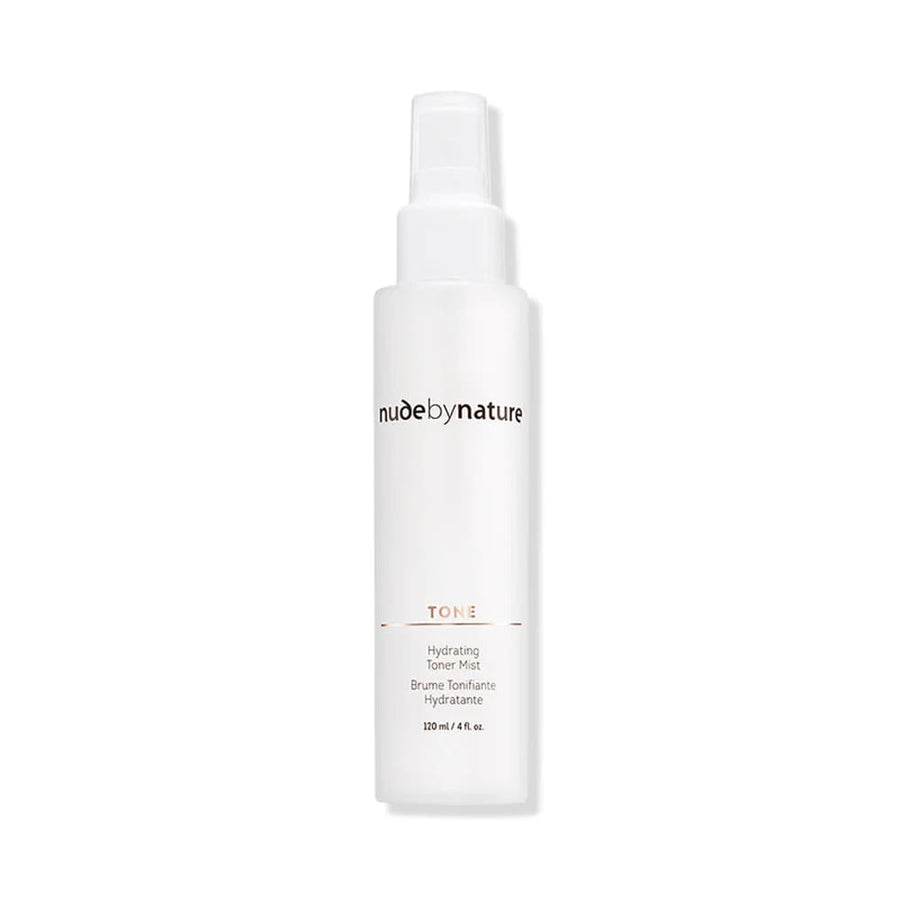 Skincare bottle labeled 'nude by nature' on a white background
