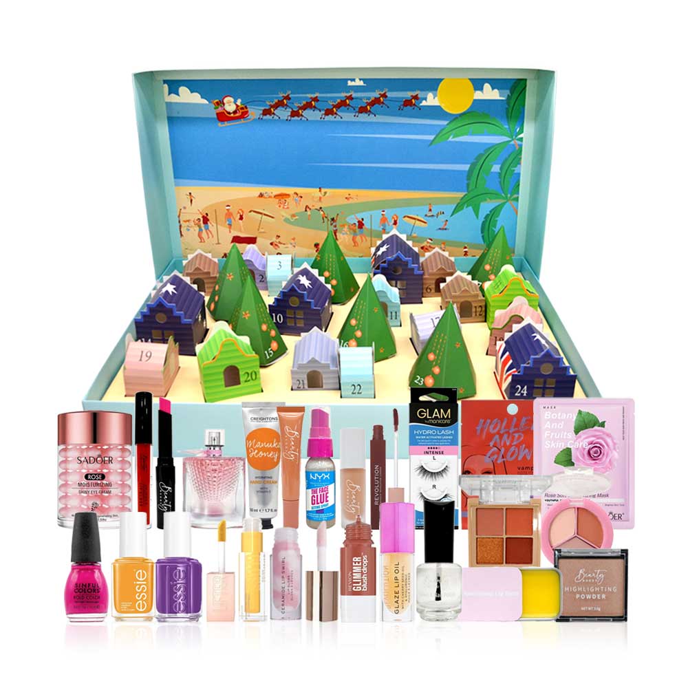 A large beauty advent calendar set displayed open, with a colorful beach scene printed on the inside lid