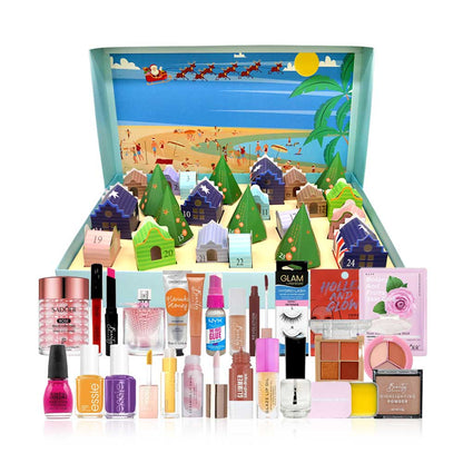 A large beauty advent calendar set displayed open, with a colorful beach scene printed on the inside lid