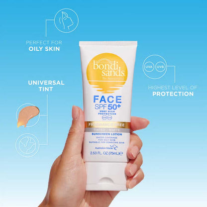 Bondi Sands Sunscreen Lotion Face Spf50+ Broad Spectrum Uva Uvb Protection Fragrance Free Tinted Matte 75ml