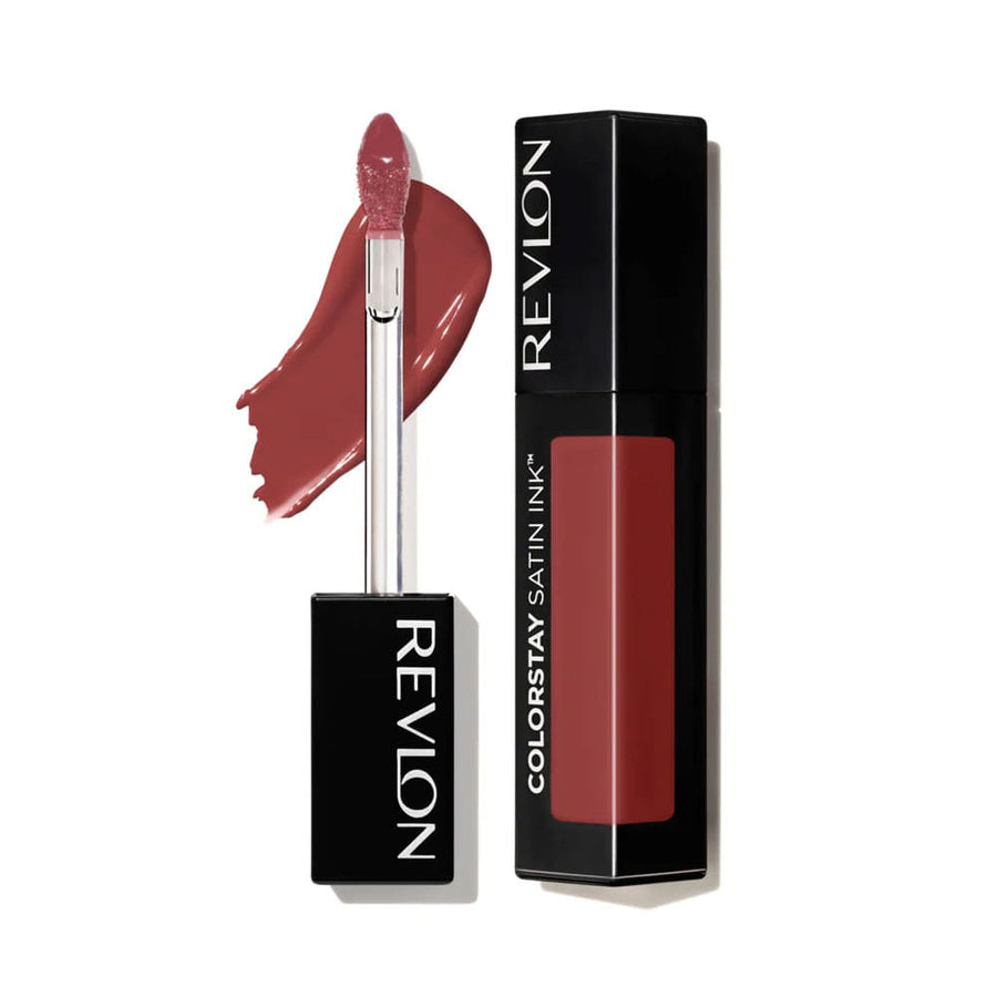 Revlon lipstick with applicator and swatch on a white background