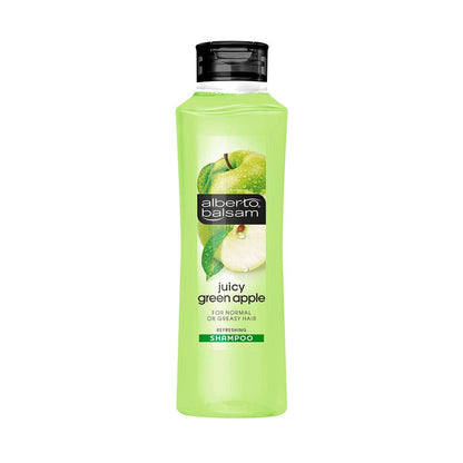 Green shampoo bottle with black cap featuring Alberto Balsam branding on a white background