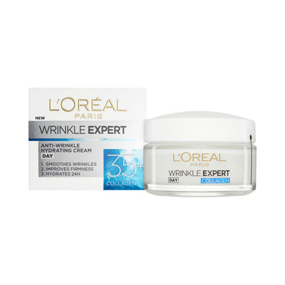 L'Oreal Wrinkle Expert cream and packaging on a white background