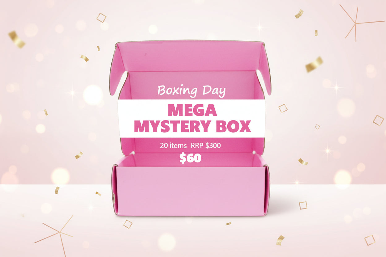 Pink mystery box with text on a white background