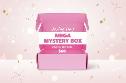 Pink mystery box with text on a white background