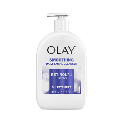 Olay Smoothing Daily Facial Cleanser bottle on a white background