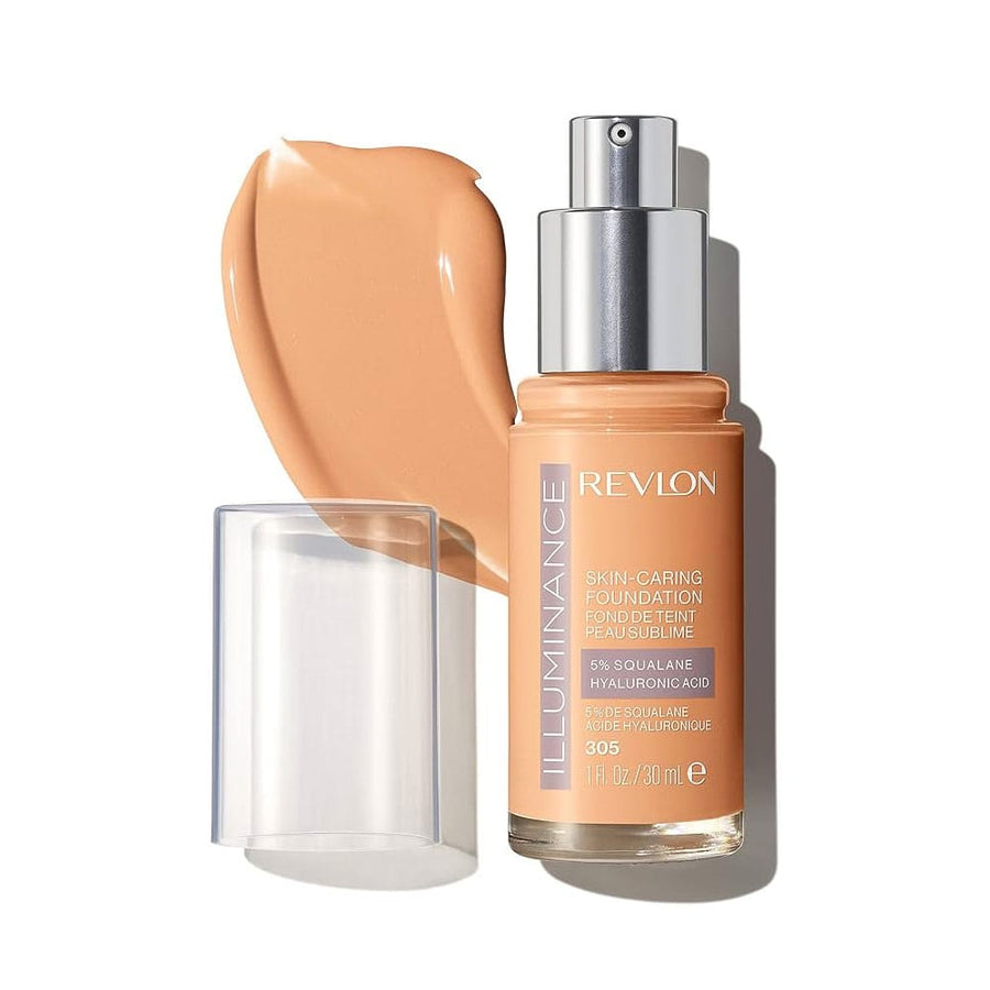 Revlon Illuminance foundation bottle with applicator on a white background