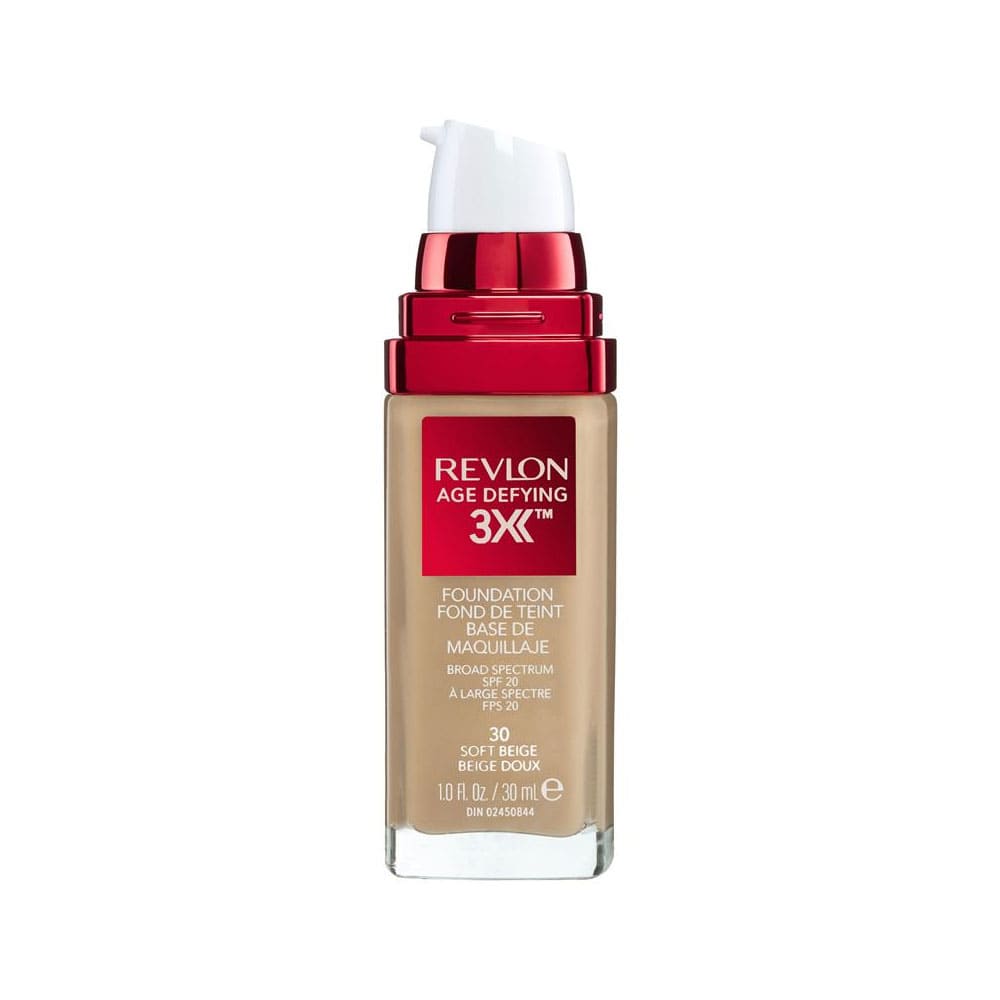A bottle of Revlon Age Defying Foundation SPF20 in the shade 30 Soft Beige with a pump dispenser.