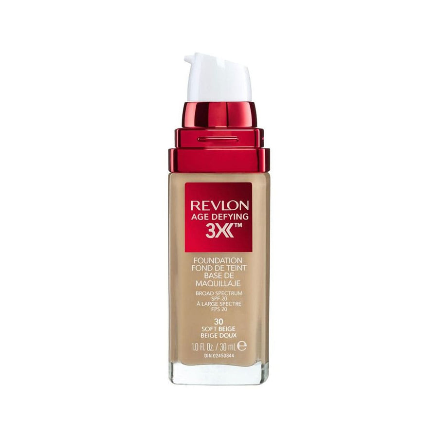 A bottle of Revlon Age Defying Foundation SPF20 in the shade 30 Soft Beige with a pump dispenser.
