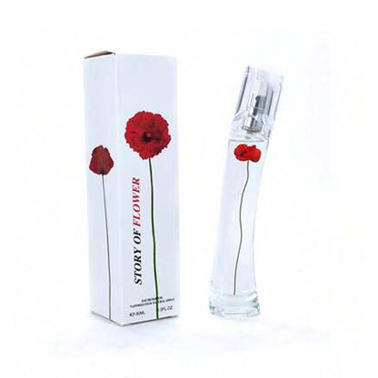 Perfume bottle and packaging with red floral design on a white background