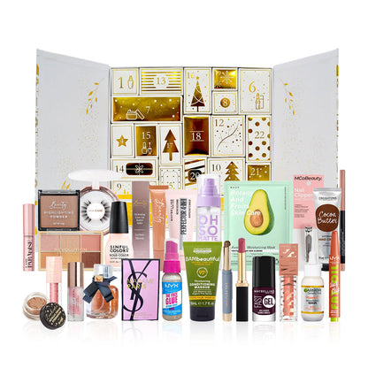 A large beauty advent calendar with gold-numbered doors open behind an array of assorted cosmetic products