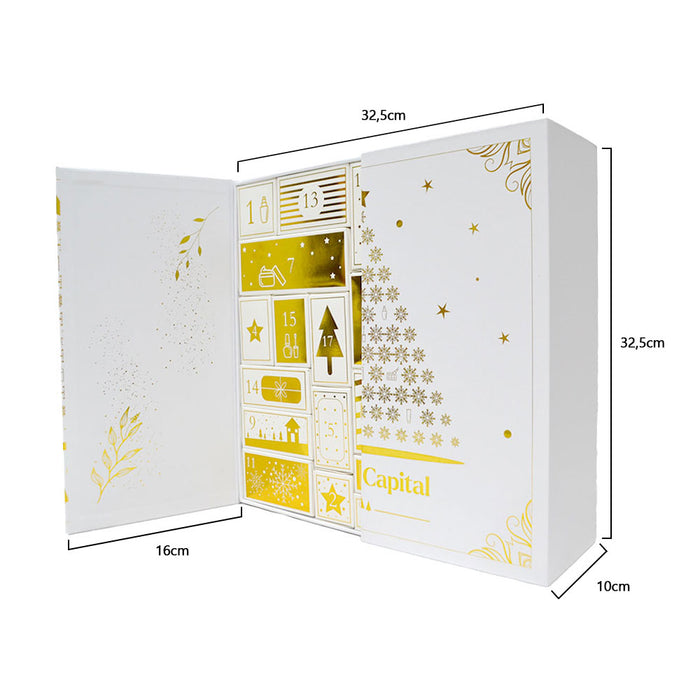 Cosmetic Capital advent calendar dimensions showing a 32.5 centimetre tall and wide presentation box