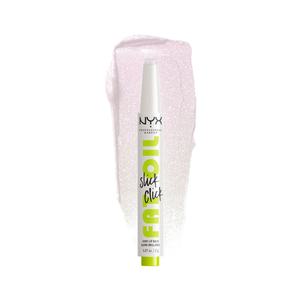 NYX lip balm with glittery pink packaging on a white background