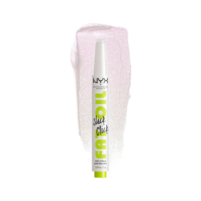 NYX lip balm with glittery pink packaging on a white background